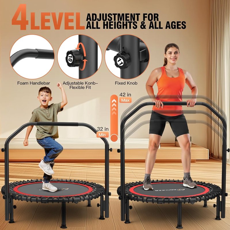Fitness Bungee Rebounder Trampoline - 40" Foldable with Resistance Ropes & Adjustable Handlebar | 450LBS Capacity for Indoor/Outdoor Use
