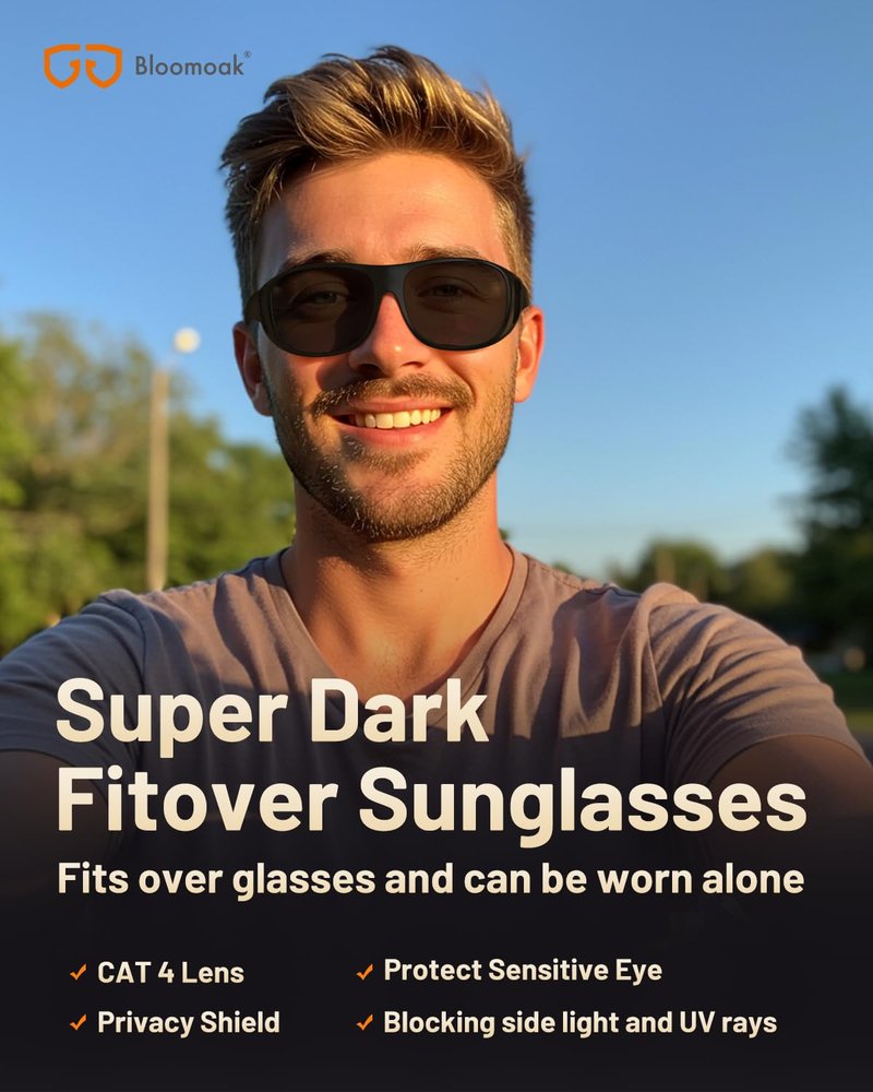 Bloomoak Super Dark Polarized Fit Over Wraparound XL Big Sunglasses CAT 4 Dark Photophobia|Cataract Sunglasses | Extra Large 150mm