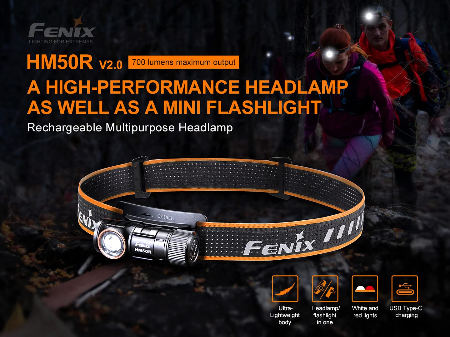 Fenix Power Bundle HM50R v2.0 Headlamp Bundle with 2X ARB-L16, 700 Lumen USB-C Rechargeable, Lightweight with Red Light and Lumentac Organizer