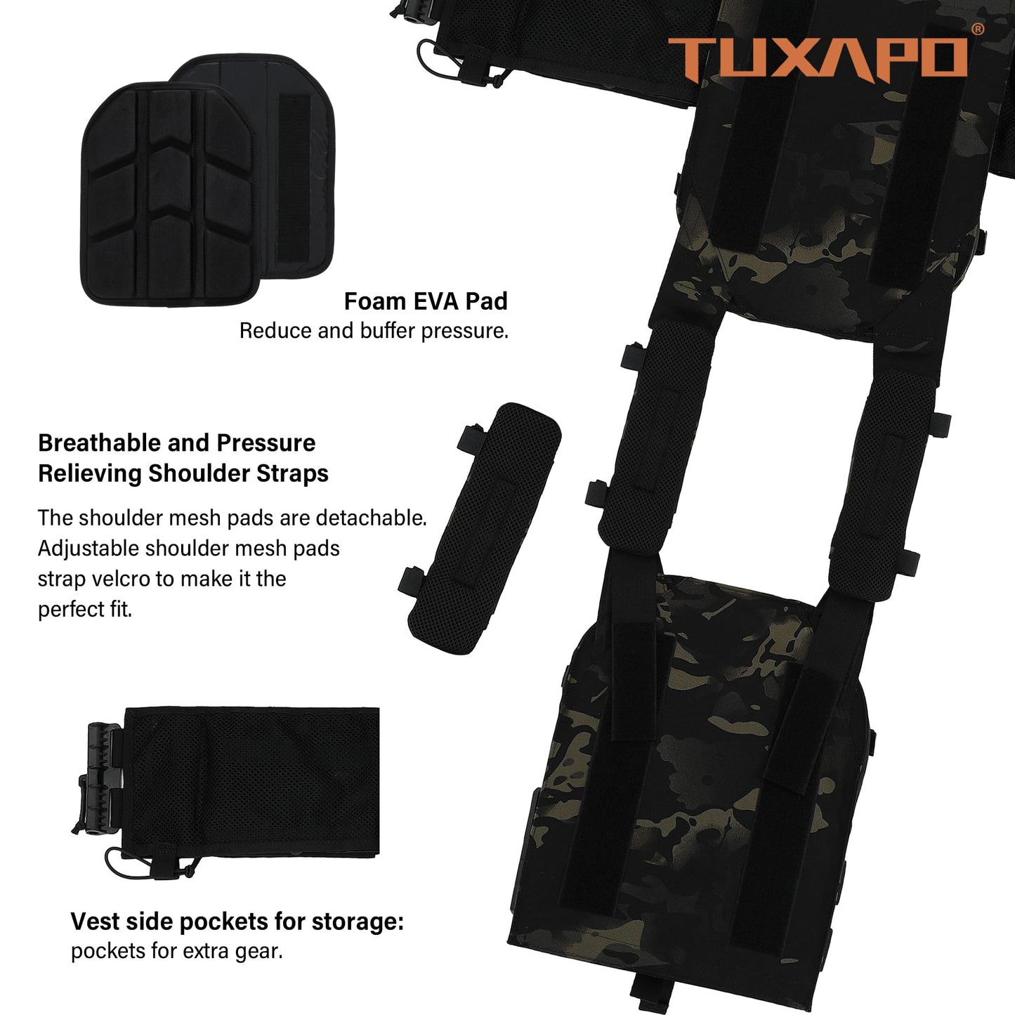 Tuxapo Tactical Molle Vests with Triple mag Pouch and Side Cummerbund Pouches, Quick Release Vests for Men