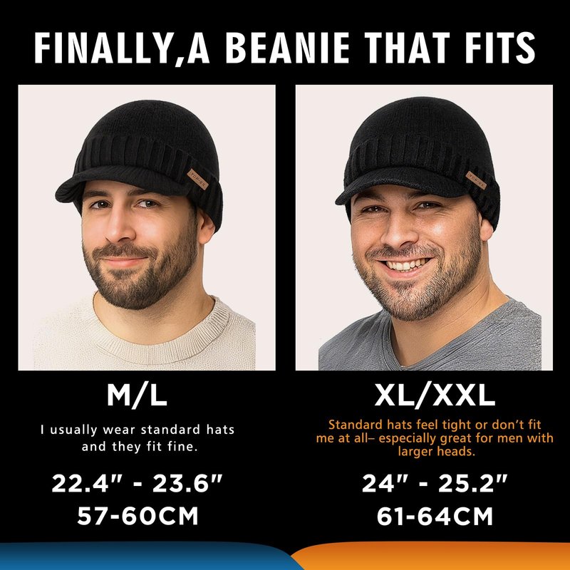 TOP-EX Waterproof Fleece Lined Beanies Hats with Brim for Men Winter Merino Wool Warm Cold Weather Thermal Knit Visor Cap Outdoors Snow Big Head Black Medium Large M L