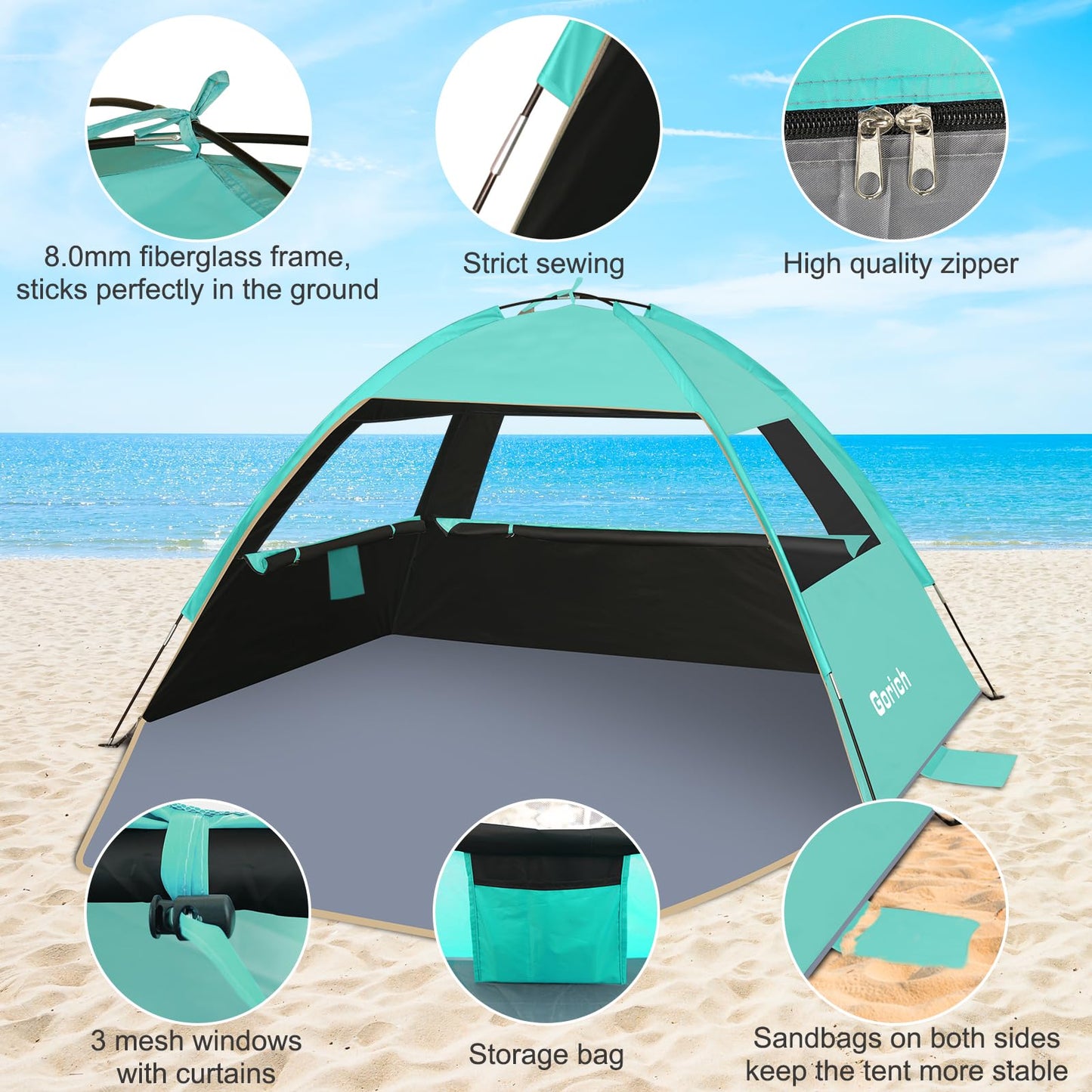 Gorich Beach Tent Sun Shelter for 3/4-5/6-7/8-10 Person with UPF 50＋ UV Protection, Lightweight & Easy Setup Beach Shade Canopy, Portable Beach Shade Tent Beach Cabana