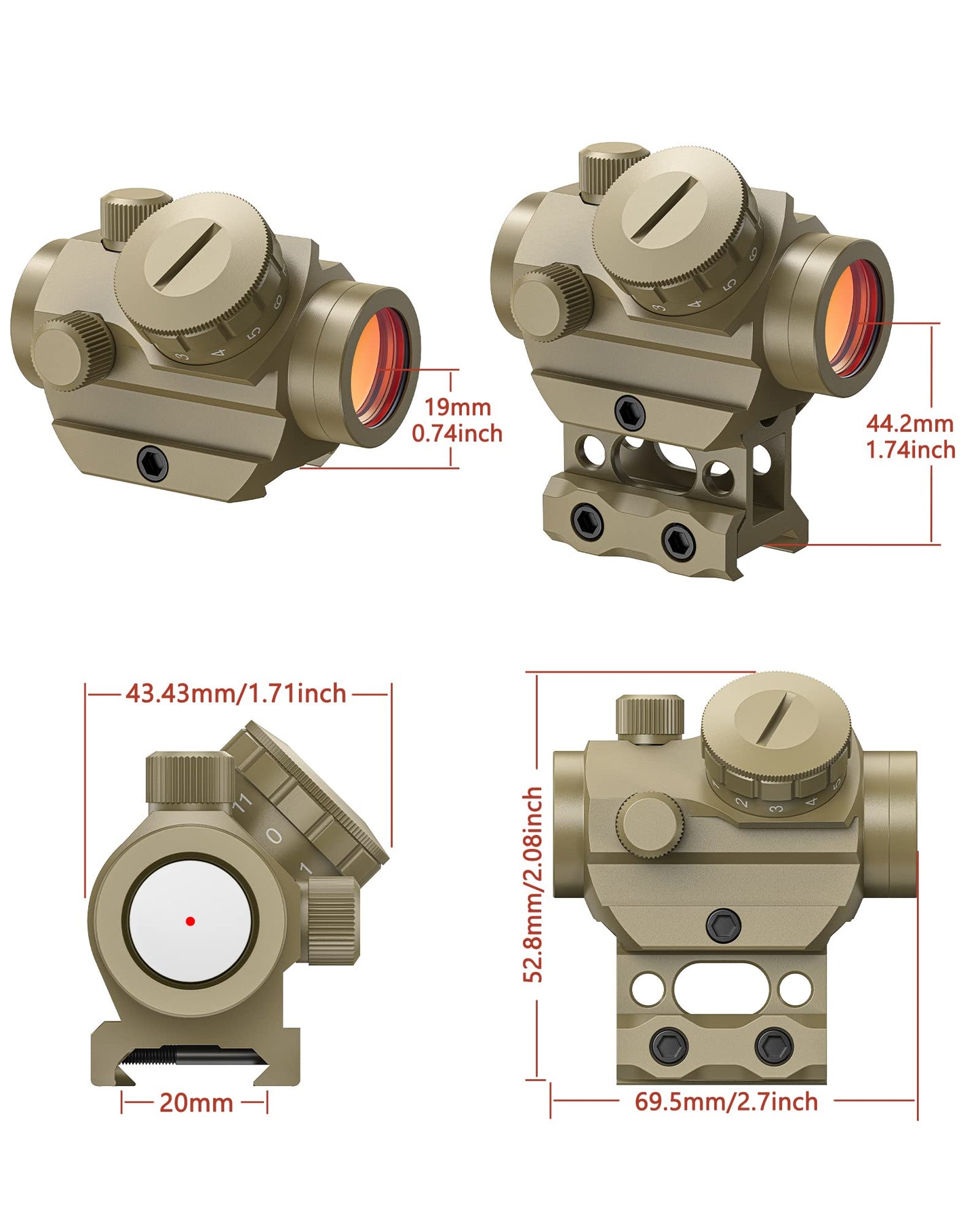 MidTen 2MOA Red Dot Sight 1x25mm Reflex Sight Waterproof & Shockproof & Fog-Proof Red Dot Scope, Riflescope with 1 inch Riser Mount,Sand