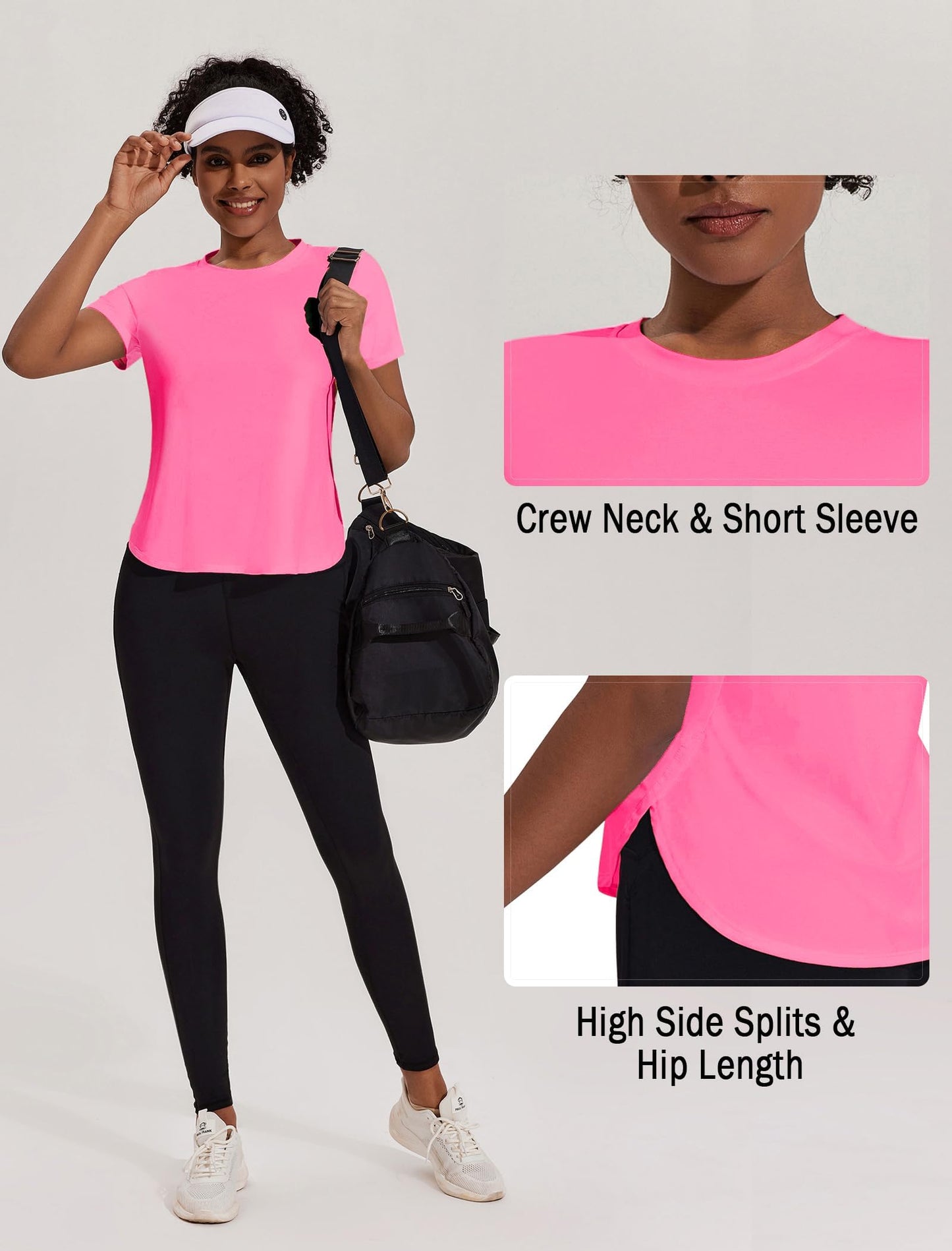 PINSPARK Workout Tops for Women Short Sleeve Workout Shirts Breathable Running Shirt Moisture Wicking Sun Shirt for Athletic Casual, Hot Pink Large