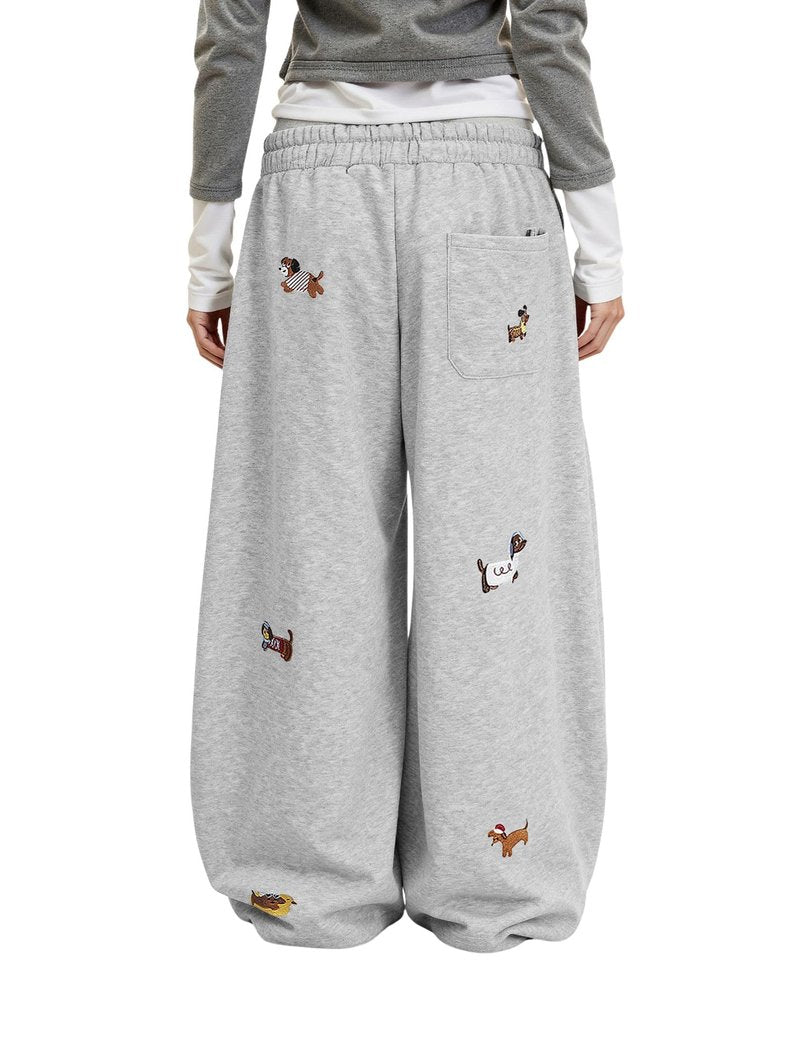 Aelfric Eden Embroidery Puppy Baggy Barrel Sweatpants Casual Y2K Elastic Drawstring Unisex Wide Leg Pants Lantern Trouser Grey S