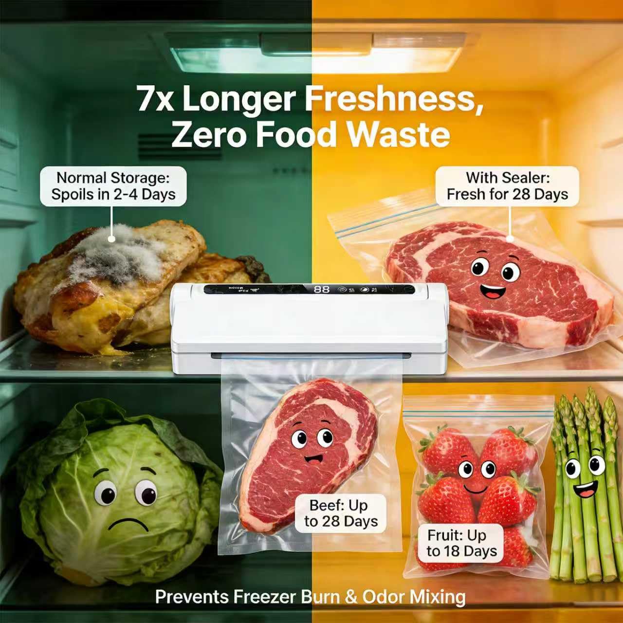 Food Vacuum Sealer Machine, 75KPA Strong Suction, Dry/Wet Modes, 20 Bags Included, Digital Countdown Timer, LED Indicator, Compact Design for Home Kitchen and Food Storage