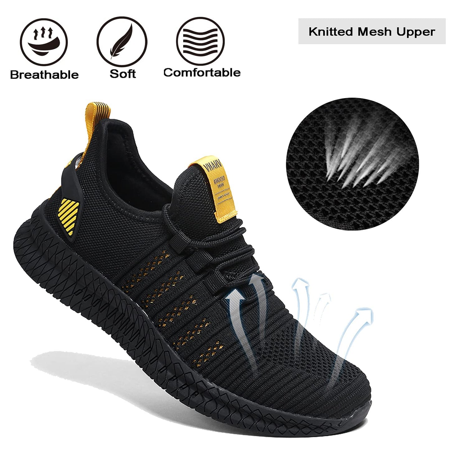 VNANV Mens Slip On Walking Shoes Lightweight Breathable Non Slip Running Comfortable Gym Tennis Athletic Fashion Sneakers Men (13,Black/Yellow)