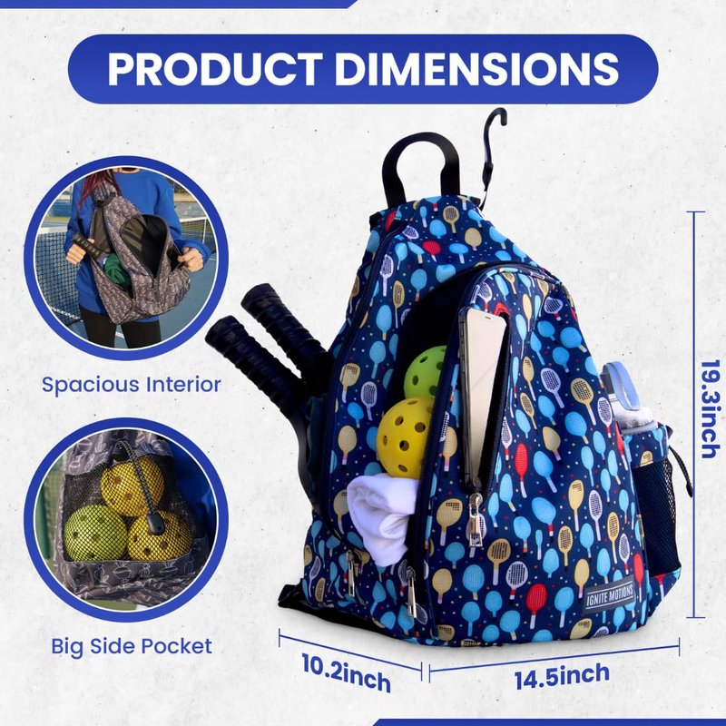 Ignite Motions Pickleball Bag – Sling Backpack with Fence Hook, Reversible Strap & Large Ball Pocket (Fits 2–4 Paddles) (Paddles)