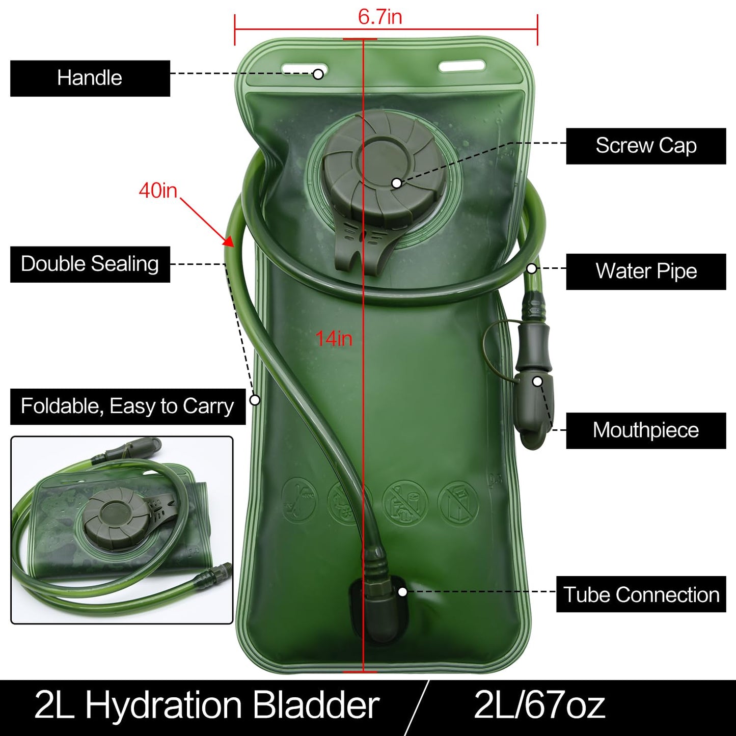 FGBNM 1.5/2/2.5/3L Hydration Bladder, 2pcs Water Bladder, Leakproof Water Reservoir for Hiking Biking Climbing Cycling Running Camping Backpack, Blue and Army Green (2L)