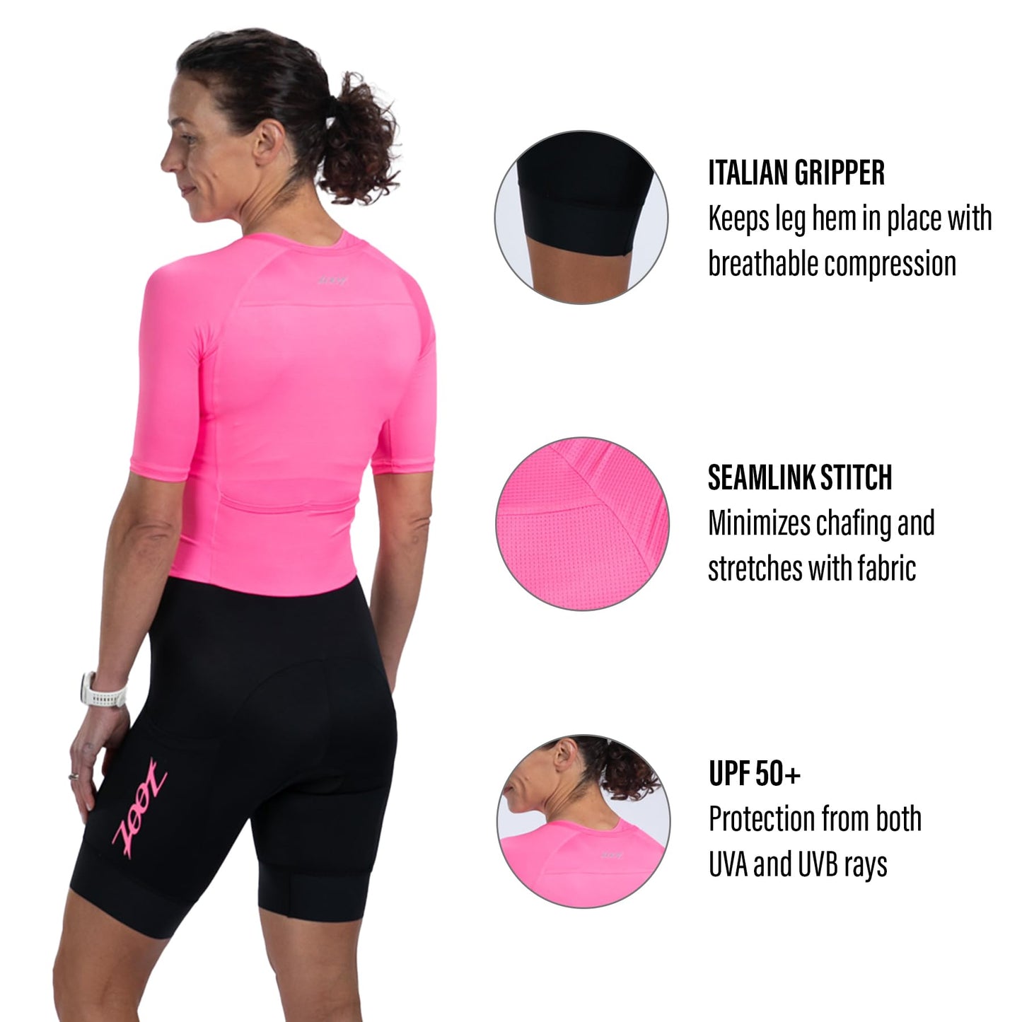 Zoot Women’s Core Tri Aero FZ Racesuit, Short Sleeve Moisture-Wicking Triathlon Suit, Plush Chamois & Race Day Storage - Bright Pink - Large