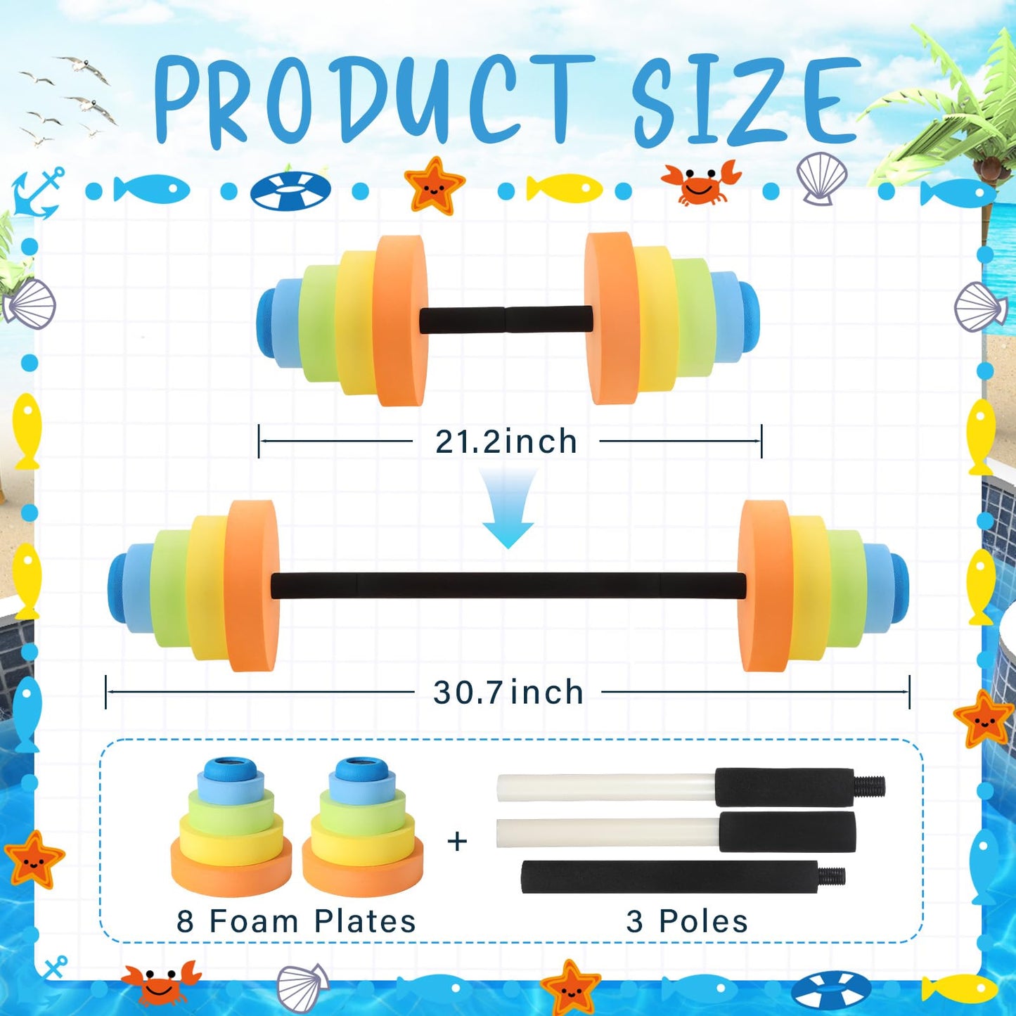 RoundFunny Adjustable 30.7" Aquatic Exercise Dumbbells Water Dumbbell Pool Resistance Aquatic Fitness Swim Barbell with 4 High-density EVA Foam for Water Aerobics Weight Loss