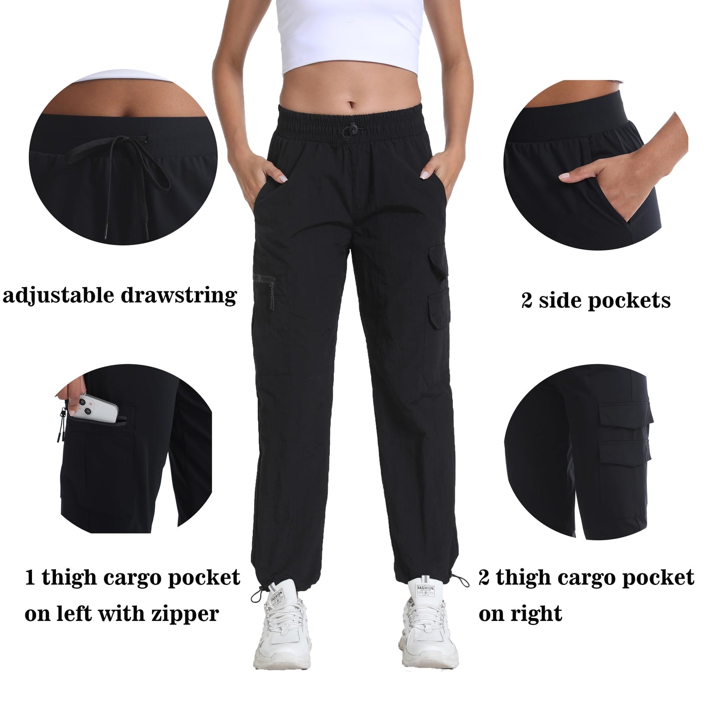Yoglegins Women's Lightweight Hiking Joggers with Pockets - Water Resistant Cargo Pants for Outdoor Workouts Camping (Black Straight, Medium)