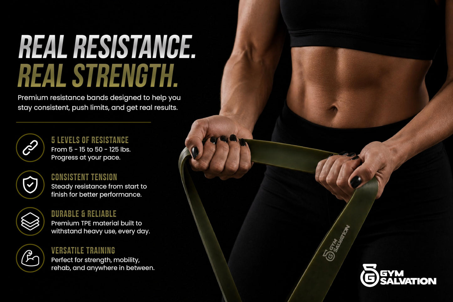 Gym Salvation Resistance Bands Set, 5 Pull Up Assist & Strength Training Bands, Durable Powerlifting & Workout Loops with Carry Bag - Black and Military Green Shades
