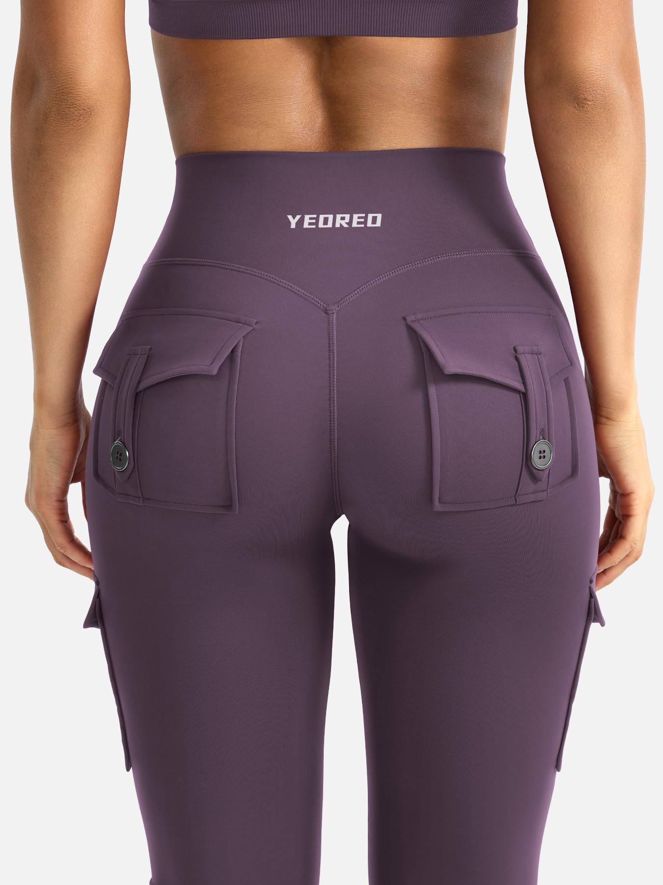 YEOREO CoreFlex Women Workout Flare Leggings with Pockets Hidden Scrunch Cargo Gym Yoga No Front Seam Leggings Black Berry Purple L