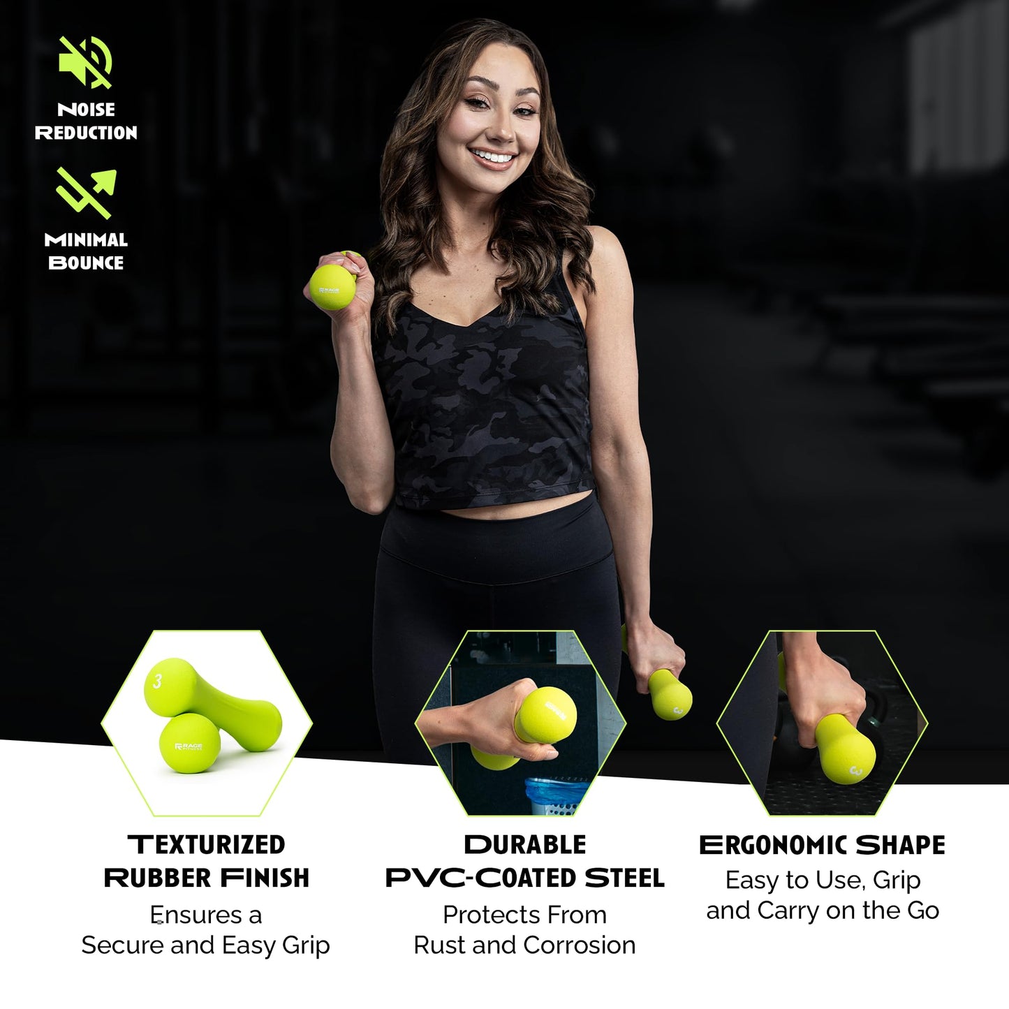 Rage Fitness Hand Weights, PVC Coated Steel, Texturized Rubber, Anti-Slip Grip - Dumbbell Set of 2 (3 lb), Home Gym Strength Training Free Weights For Men, Women of All Ages
