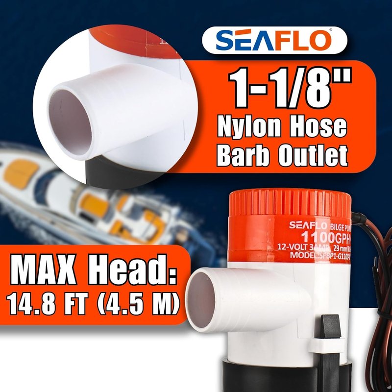 SEAFLO 1100 GPH Bilge Pump - 12V Marine Submersible Pump with Anti-Airlock Protection | 1-1/8" Outlet, CE & RoHS Certified