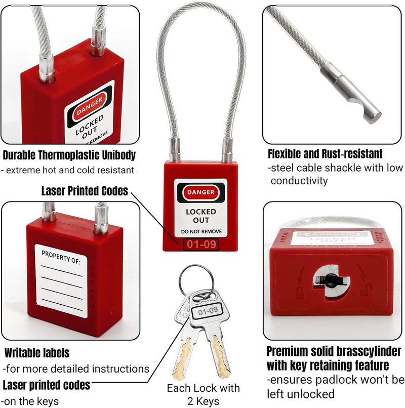 Noamus Lockout Tagout Padlock Set - 10 Steel Cable Safety Locks with 20 Keys | Red Keyed for Electrical Devices