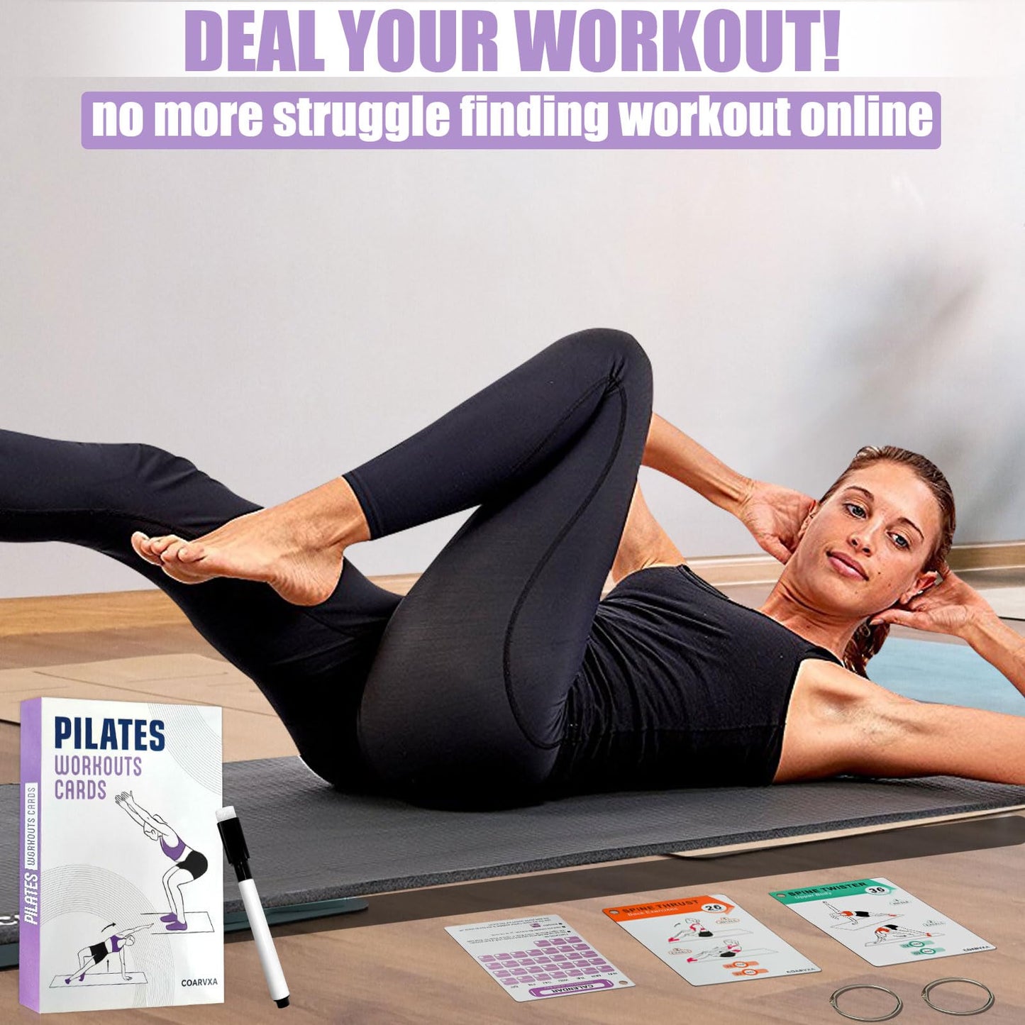 COARVXA Pilates Workouts for Women-58 Exercise Cards with Pilates Mat Workout Postures，ncludes 4-Week Challenge,2 Rings& Dry-Erase for Easy Organization-Home, Gym or Studio