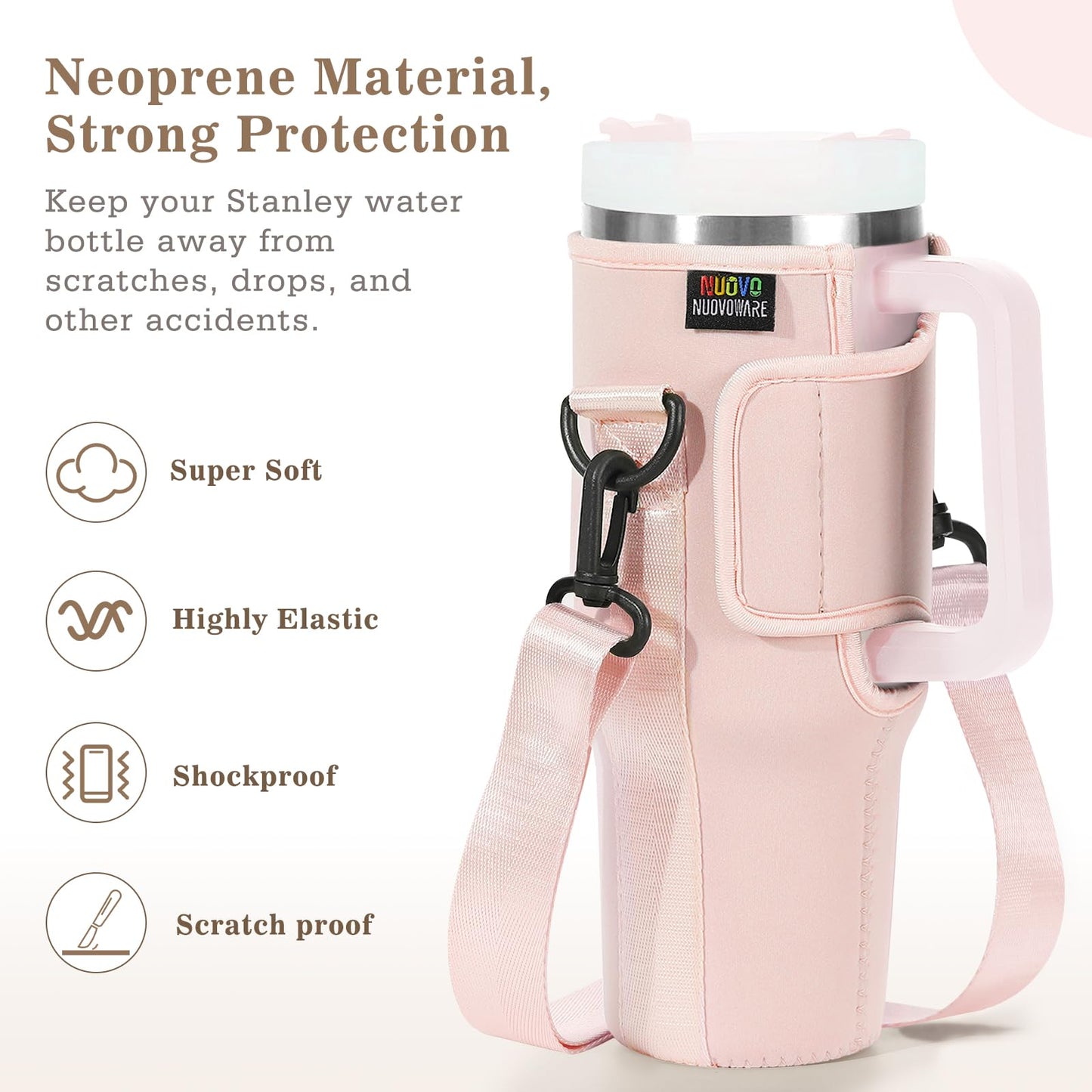 Nuovoware Water Bottle Carrier Bag Fits Stanley 40 Oz Tumbler with Handle, Water Bottle Bag with Adjustable Shoulder Strap, Neoprene Water Bottle Holder Stanley Water Bottle Accessories, Light Pink