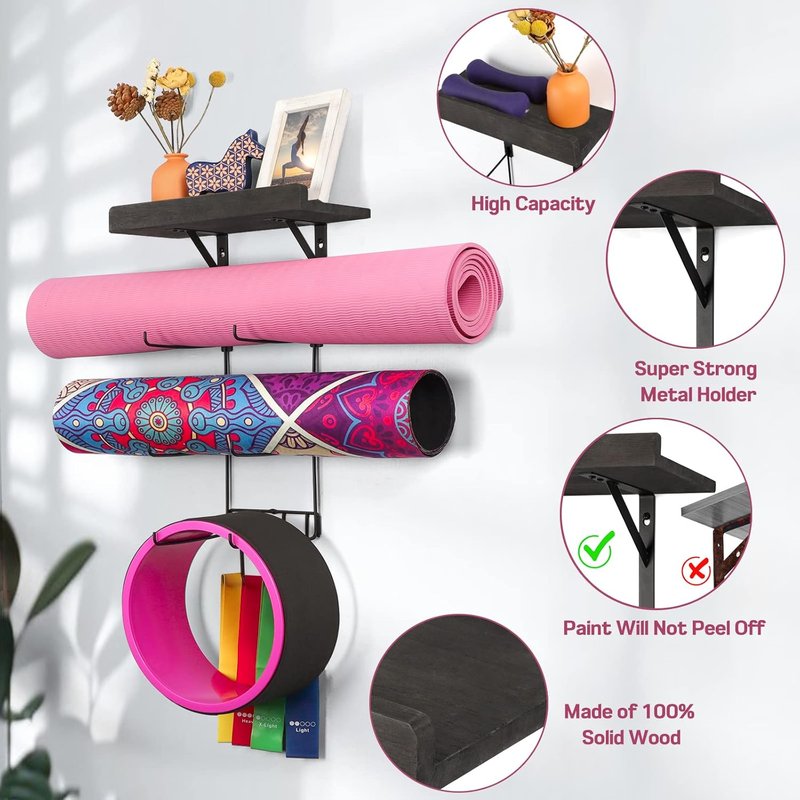 Yoga Mat Holder Wall Mount | Stylish Storage with Wood Shelves & 4 Hooks - Vintage Black