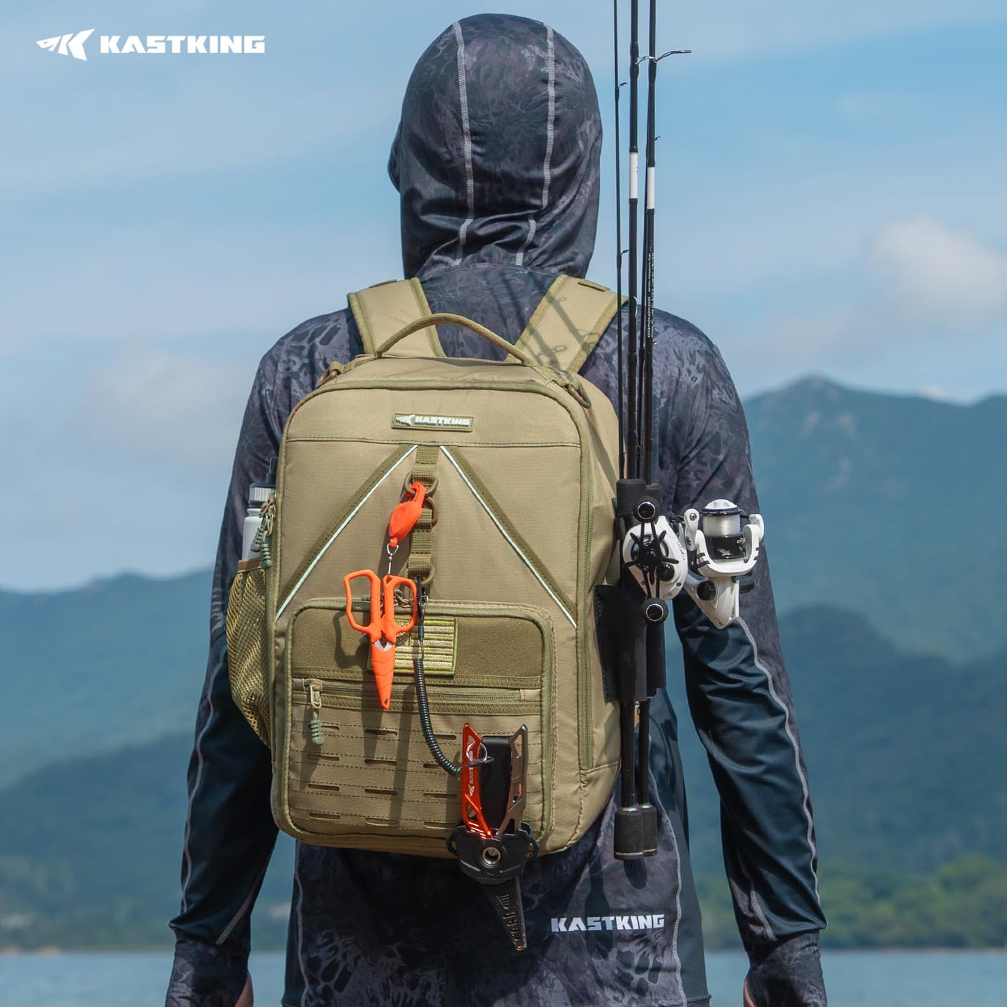 KastKing KarryAll KastMate Fishing Tackle Backpack,Water-Resistant Tackle Bag With 2 Rod Holders,Fishing Gear and Equipment With Large Gear Storage,Khaki