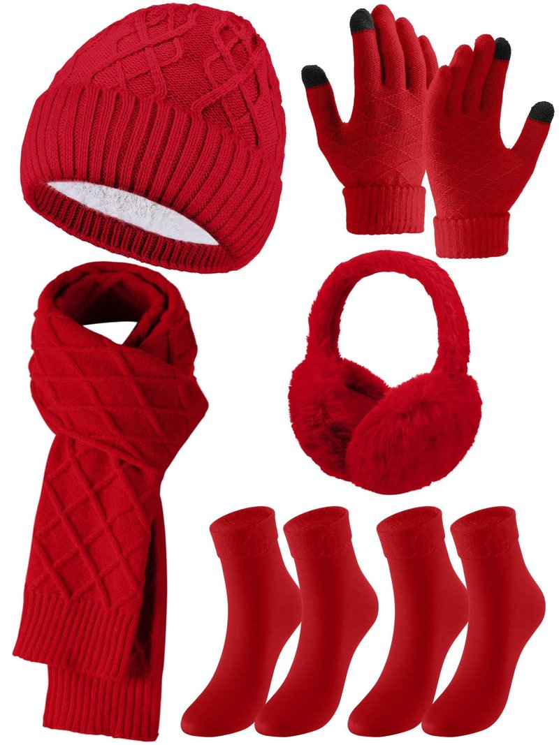 Geyoga 6 Pcs Winter Warm Set for Women Warm Beanies Hats Touchscreen Gloves Long Scarf Ear Muffs Socks Winter Gifts for Women(Red,Argyle)