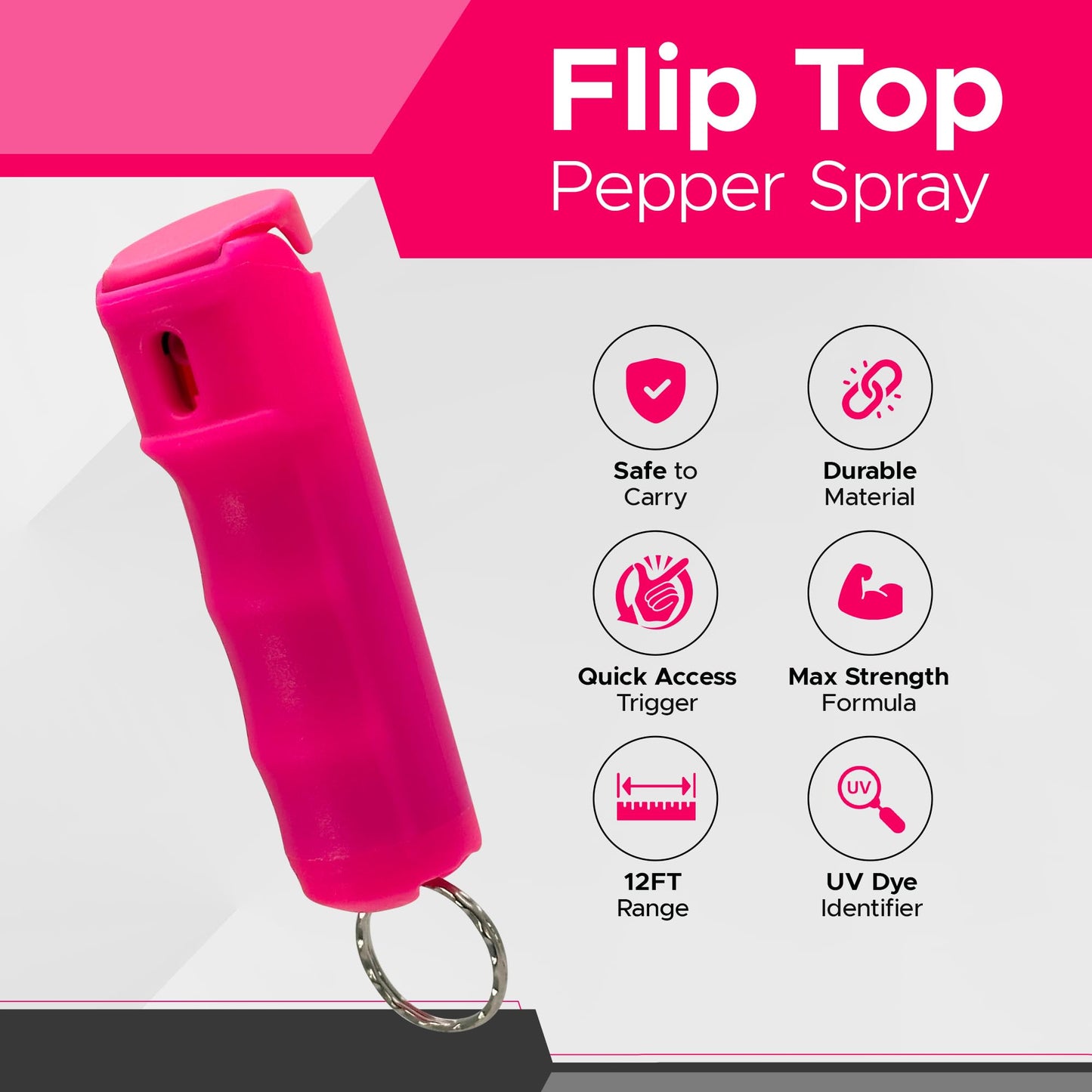 FURY Fliptop Hardshell Pepper Spray, 12ft Range, UV Dye Identifier, Police Strength, Made in USA, Stylish Multicolor, Self Defense, Safety Gear, Quick Access Flip Top (Pink)