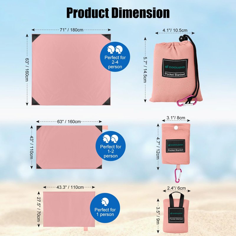 Odoland Beach Blanket Picnic Blanket, 43" x 63" SandProof Waterproof Outdoor Pocket Blanket with Portable Bag, Foldable Lightweight Sand Free Quick Drying Beach Mat for Hiking Camping Travel, Pink
