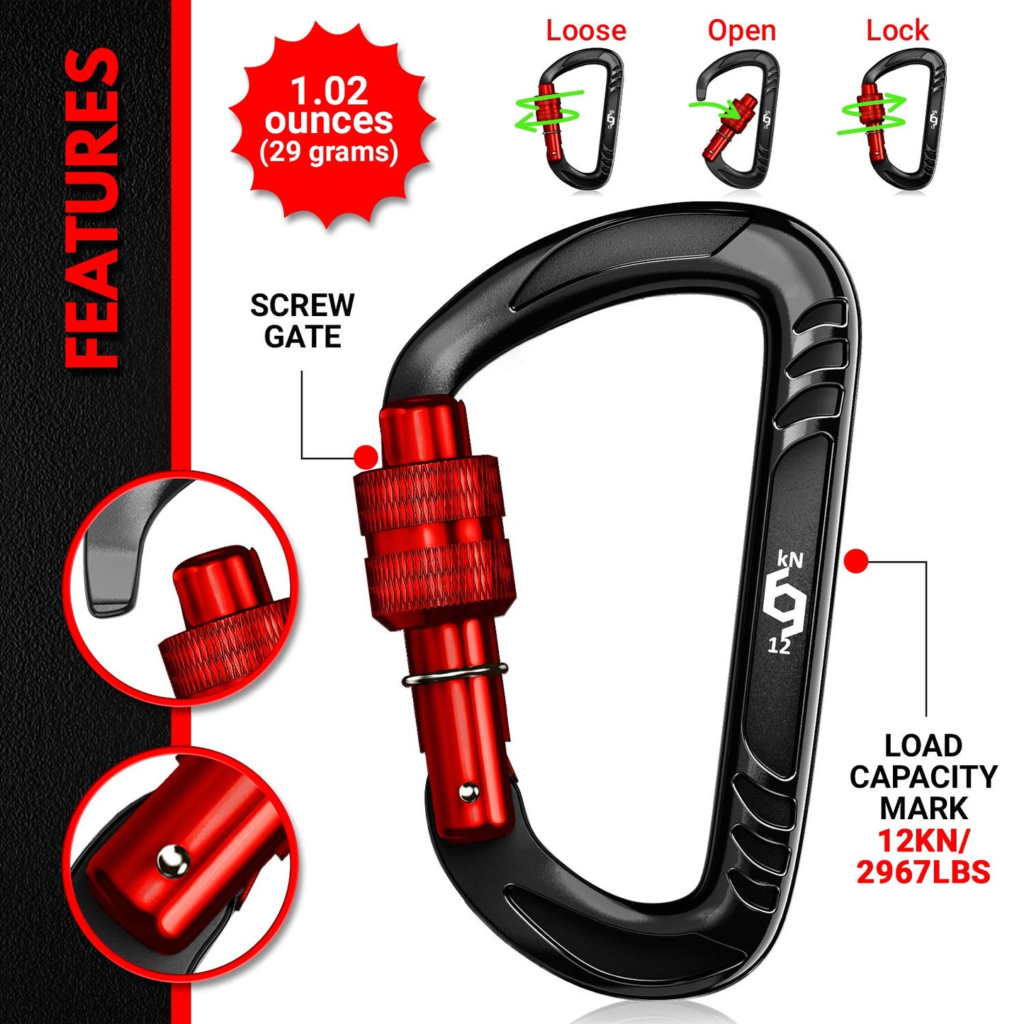 RHINO Produxs 2PCS of 12kN (2697 lbs) Heavy Duty Lightweight Locking Carabiner Clips - Excellent for Securing Pets, Outdoor, Camping, Hiking, Hammock, Dog Leash Harness, Keychains, Water Bottle