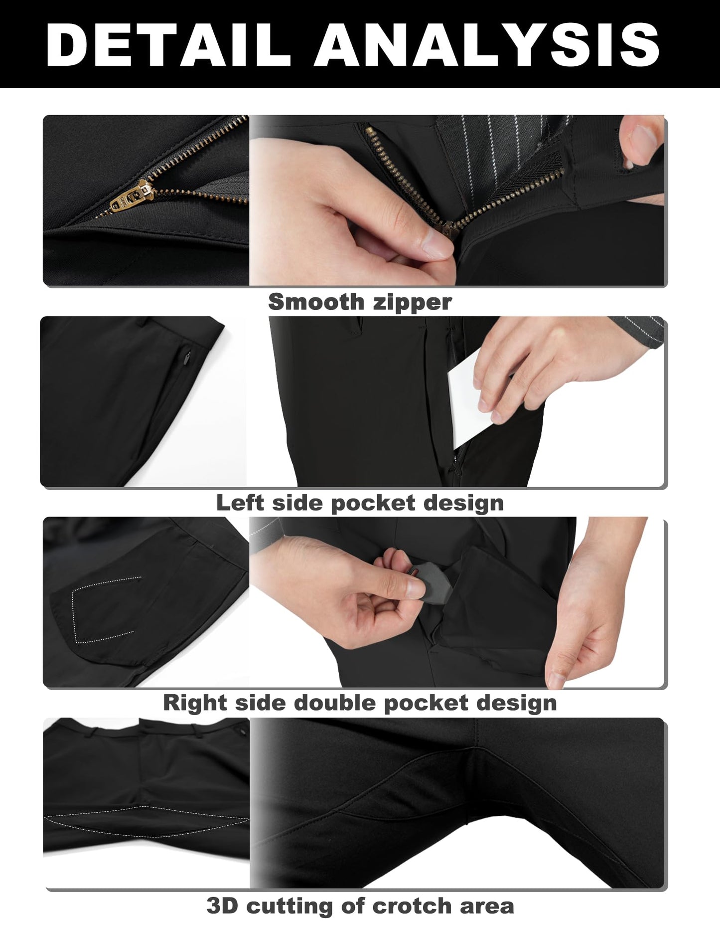 Soojun Men's 4-Way Stretch Performance Golf Pants, Quick-Dry Lightweight Tech Trousers, Versatile Business Casual Dress Pants with Hidden Pockets, Black, 38W x 32L