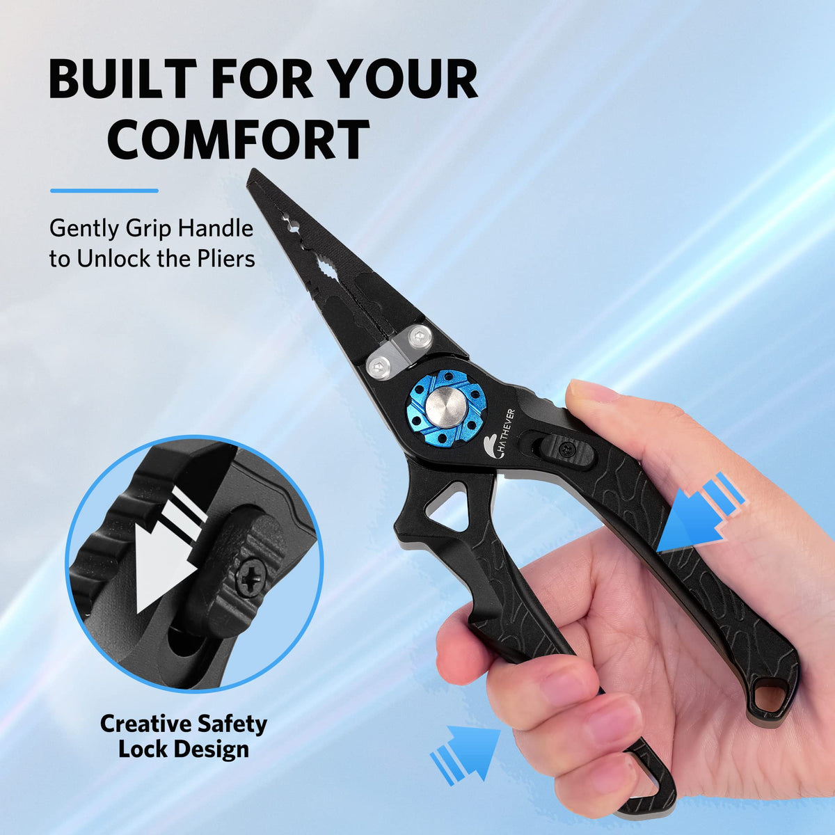 Hathever Fishing Pliers, Split Ring & Hook Remover with Tungsten Carbide Cutters, Aircraft Aluminum Handle, Lockable with Sheath & Lanyard