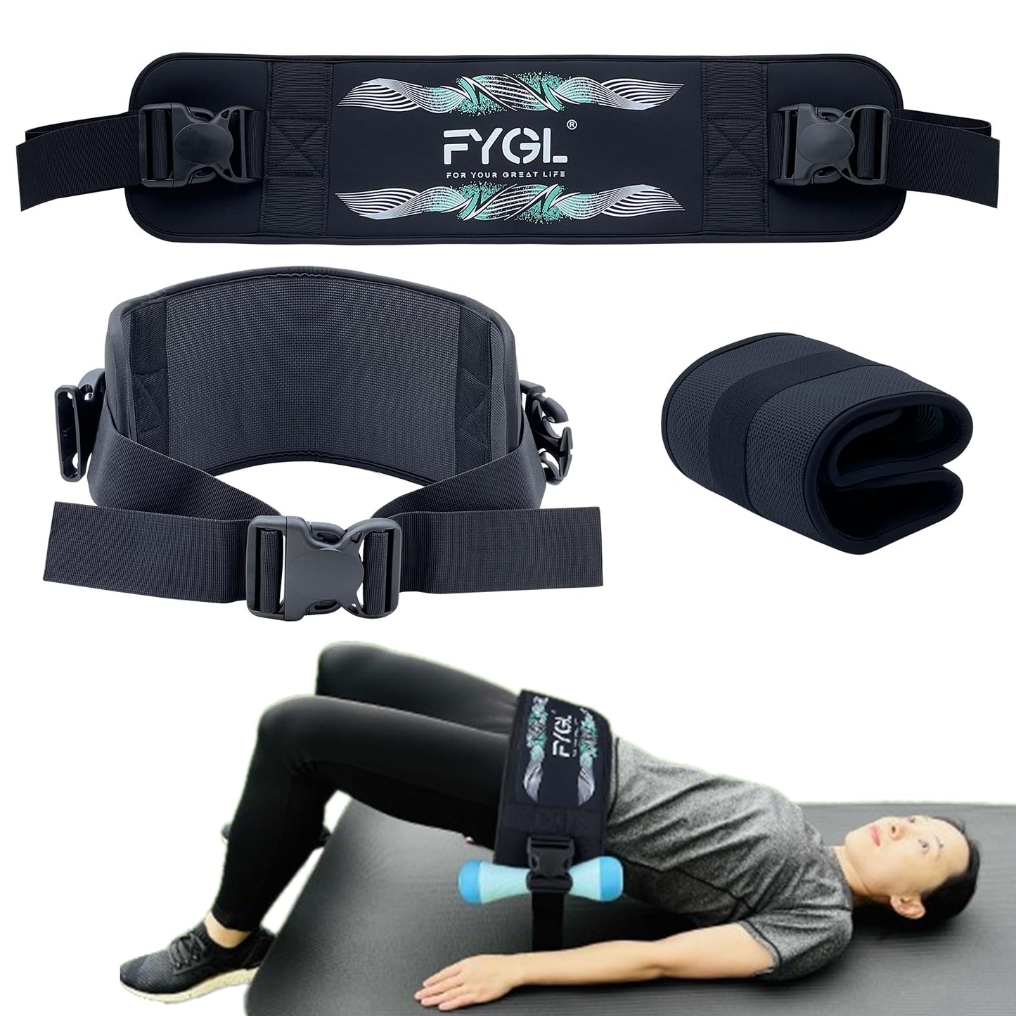 FYGL Hip-Thrust-Belt, Foldable Band for Dumbbells, Kettlebells, Plates - Supports Up to 300 lbs, Gym and Home Workouts with Slip-Resistant Padding, White & Green