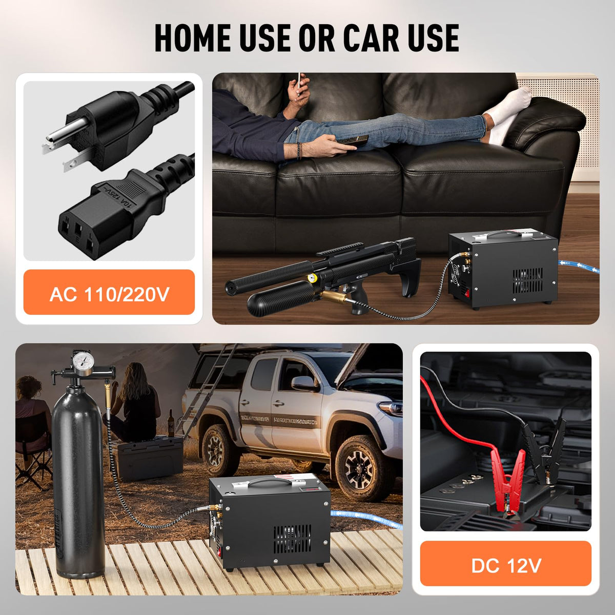 PCP Air Compressor, 4500PSI/30Mpa Scuba Tank Compressor, DC12V/AC120V PCP Airgun Compressor Manual-stop, Oil/Water-Free High Pressure Air Compressor Pump for Paintball, Air Rifle