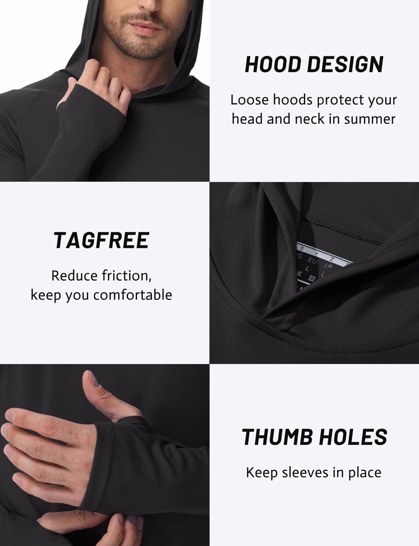 TACVASEN Long Sleeve Shirts for Men Lightweight Hoodie Men Dry Fit Active Hooded Shirts Sun Protection Hoodies SPF Tee Black L