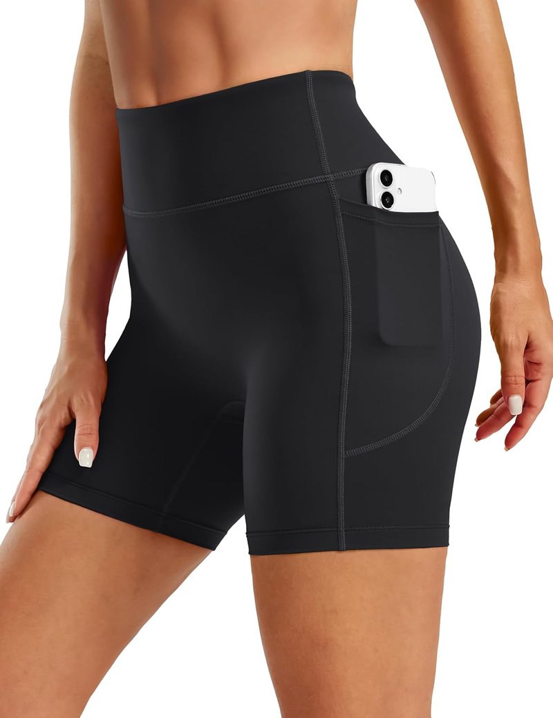 Women's 5-Inch Biker Shorts with Pockets - No Front Seam Compression for Yoga & Running