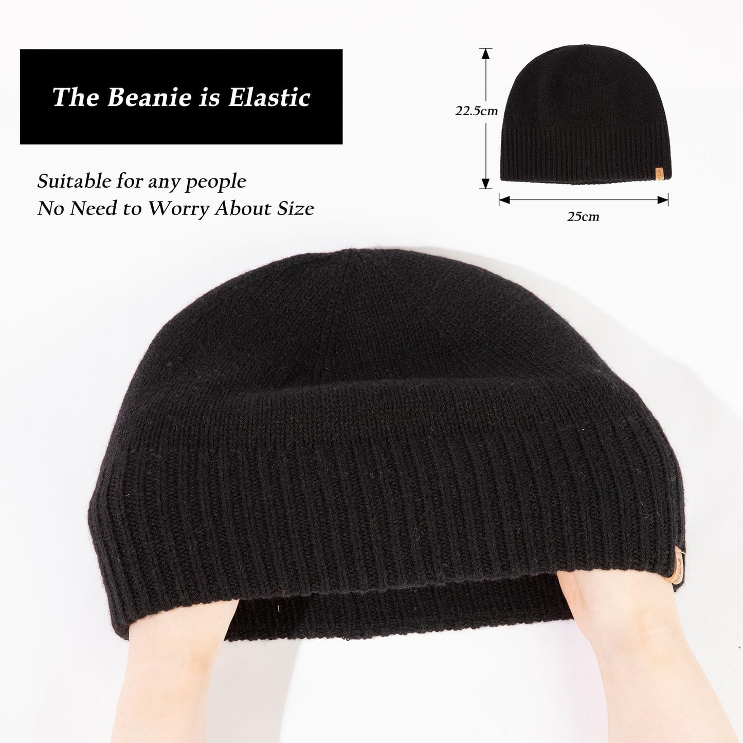 PolarWool™ 80% Merino Wool Beanie Satin Lined Cuffed Watch Fisherman Cap Oversized Big Head Winter Hat for Men Women Outdoor Work Black XL/XXL