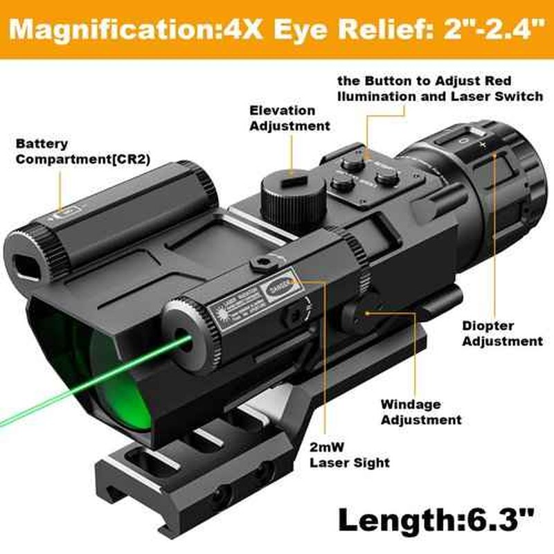 4X32 Prism Rifle Scope Optics Lightweight with Green/Red Laser 7 Level Red Illuminated Reticle Clear Green Lens Reticle 4X Magnification for 20mm Rail Mounts