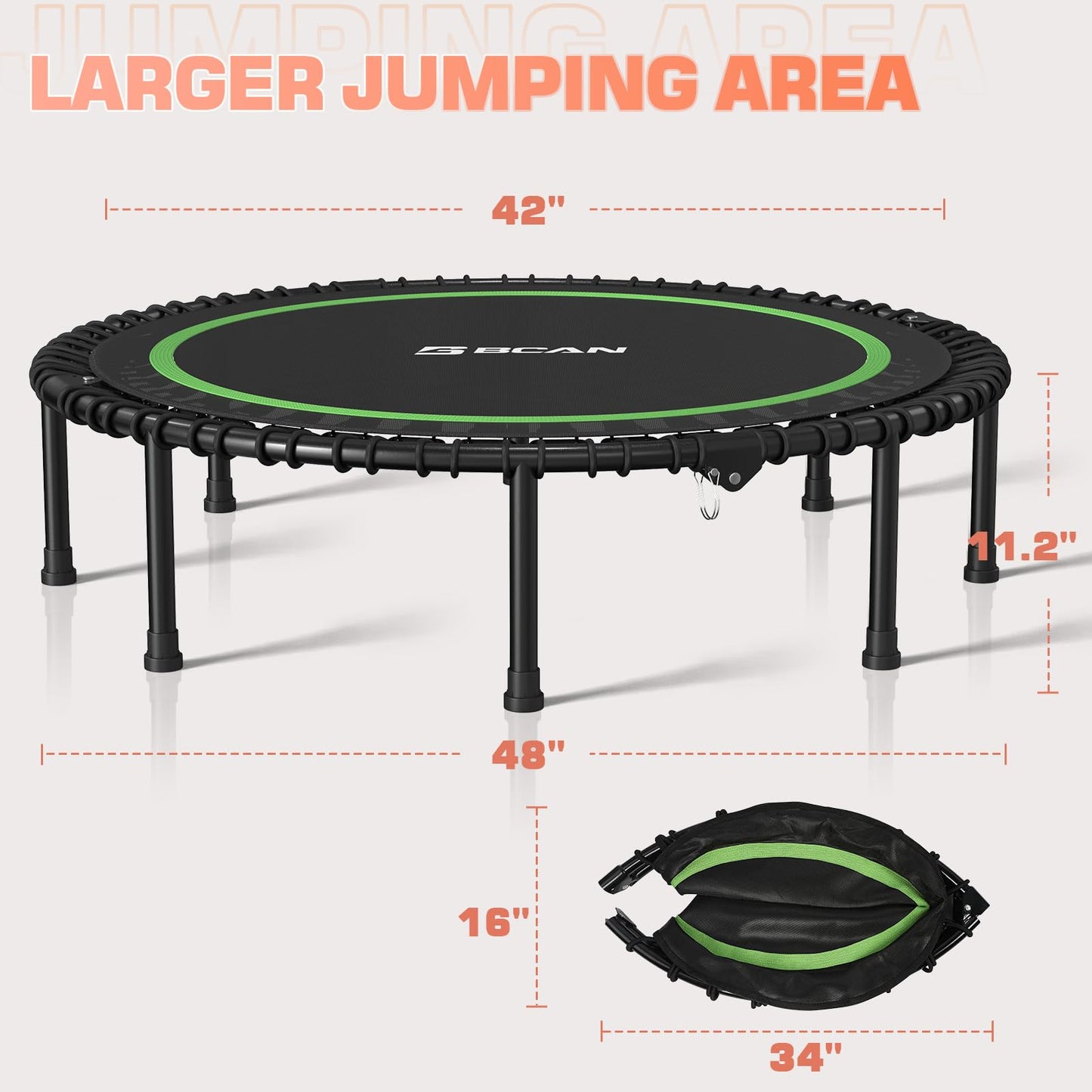 BCAN 48" Foldable Mini Trampoline, Silent Bungee Cord, Stable & Quiet Exercise Rebounder for Kids Adults Indoor/Garden Workout Max 550LBS - Green