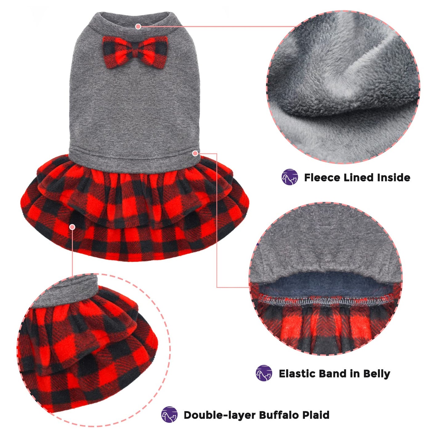 cyeollo Small Dog Christmas Dress Doggie Pet Flannel Warm Plaid Dog Clothes Girl Puppy Skirt Winter Dog Dresses for Small Dogs Apparel