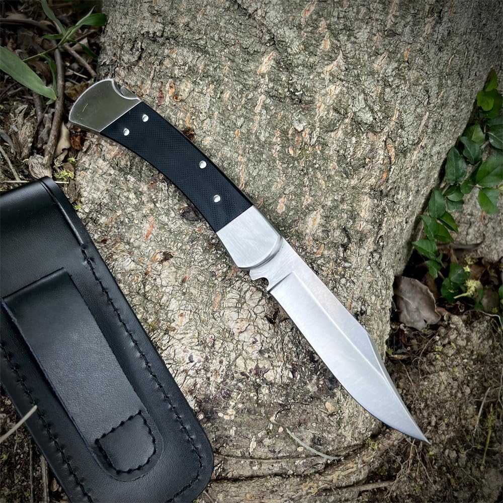 TrailTough 8.54'' Portable Lockback Manual Opening Folding Knife，3.3'' D2 Steel Blade，G10 Handle with Black Leather Sheath，EDC Pocket Knife for Men Women,Sharp Camping Fishing Hiking Knives