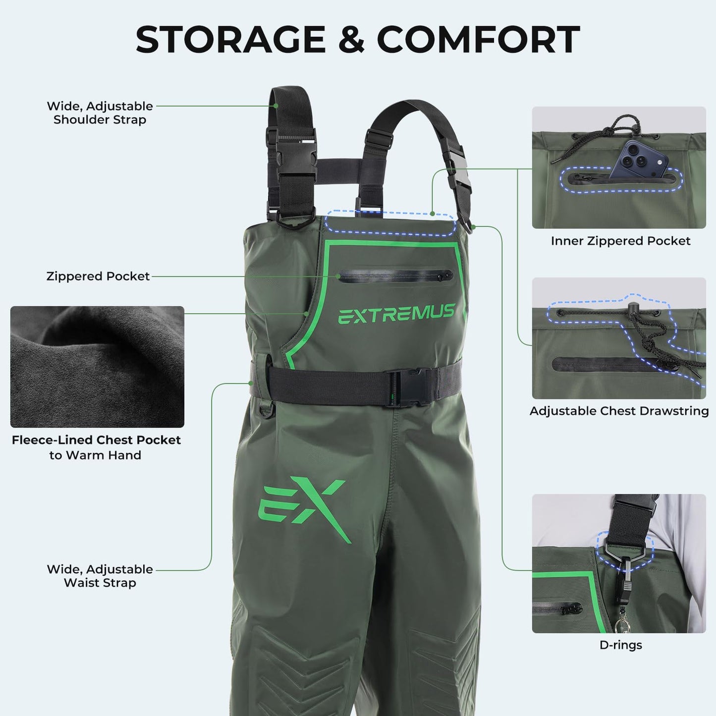 Extremus by KastKing MarshPro Fishing Waders for Men, Military Green, M5
