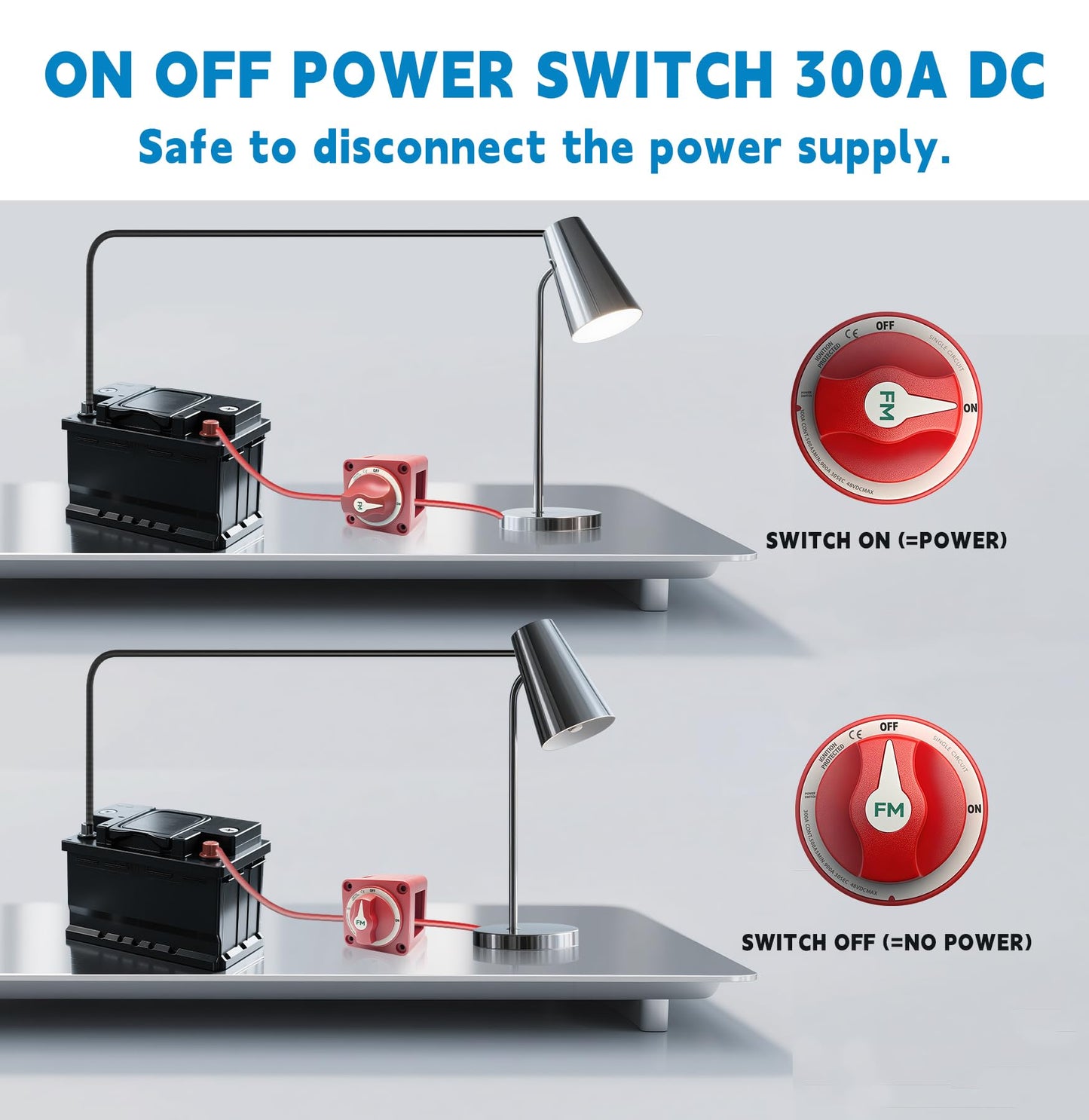FASTSTORM 300A Waterproof Battery Disconnect Switch 12V-48V, On/Off Kill Switch for Marine, RV, Car, Boat, Truck, ATV, UTV, Ignition Protected with Cable