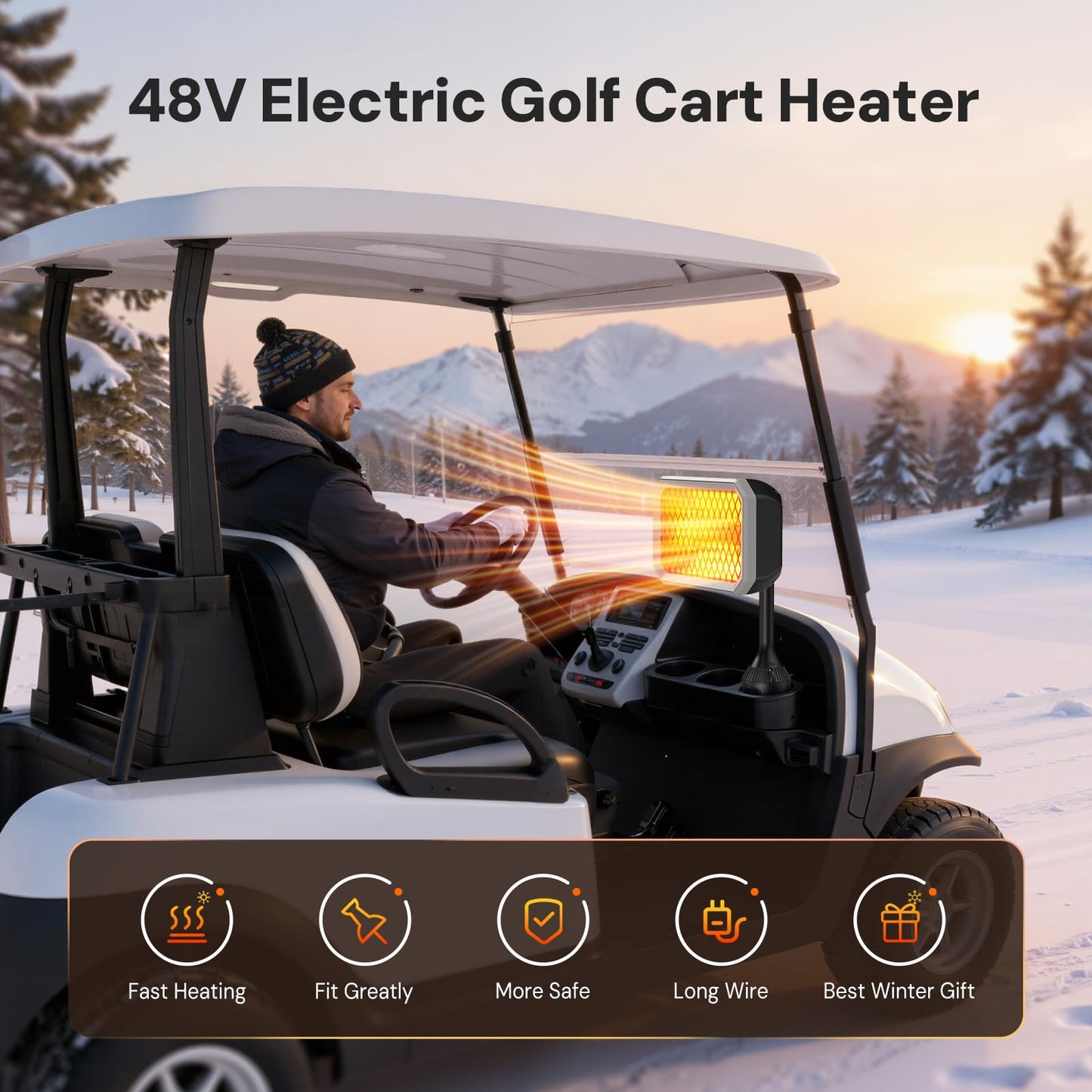 Goheater 48V Golf Cart Heater Electric, 400W Electric Carbon Fiber Heater Hardwired to Battery for/Club Car/EZGO/Yamaha, Safe & Warmth, Fast Heating, 48V Golf Cart Accessories Gifts for Men