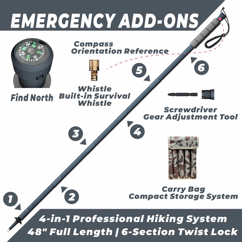 GoldPig 48" Modular Aluminum Tactical Hiking Stick – 6-Piece Walking Stick with Compass, Screwdriver & Whistle, Tungsten Tip, Carry Pouch for Trail, Travel & Everyday Walks
