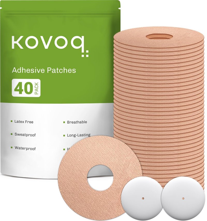 KOVOQ 40-Pack Adhesive Patches for Libre 2 & Plus & Lingo, Medtronic Guardian 4 & Simplera, Insulin Pumps, Waterproof Universal CGM Patches, 2 Reusable Protective Hardshell Covers, Latex-Free (TAN)