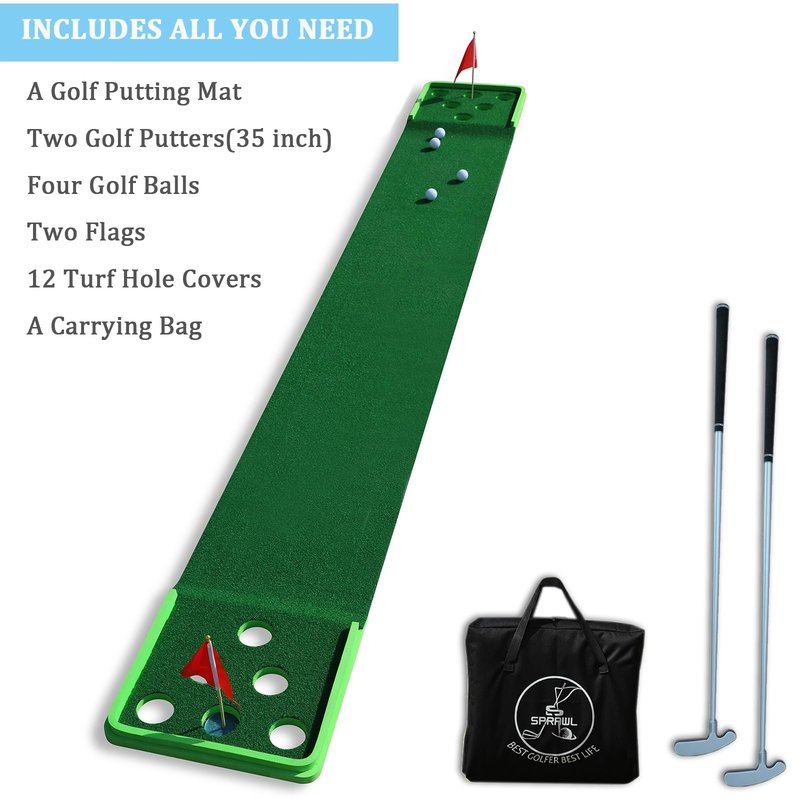 SPRAWL Golf Putting Mat 12 Holes Mat with 4 Balls 2 Putters for Indoor Short Game Office Backyard Use