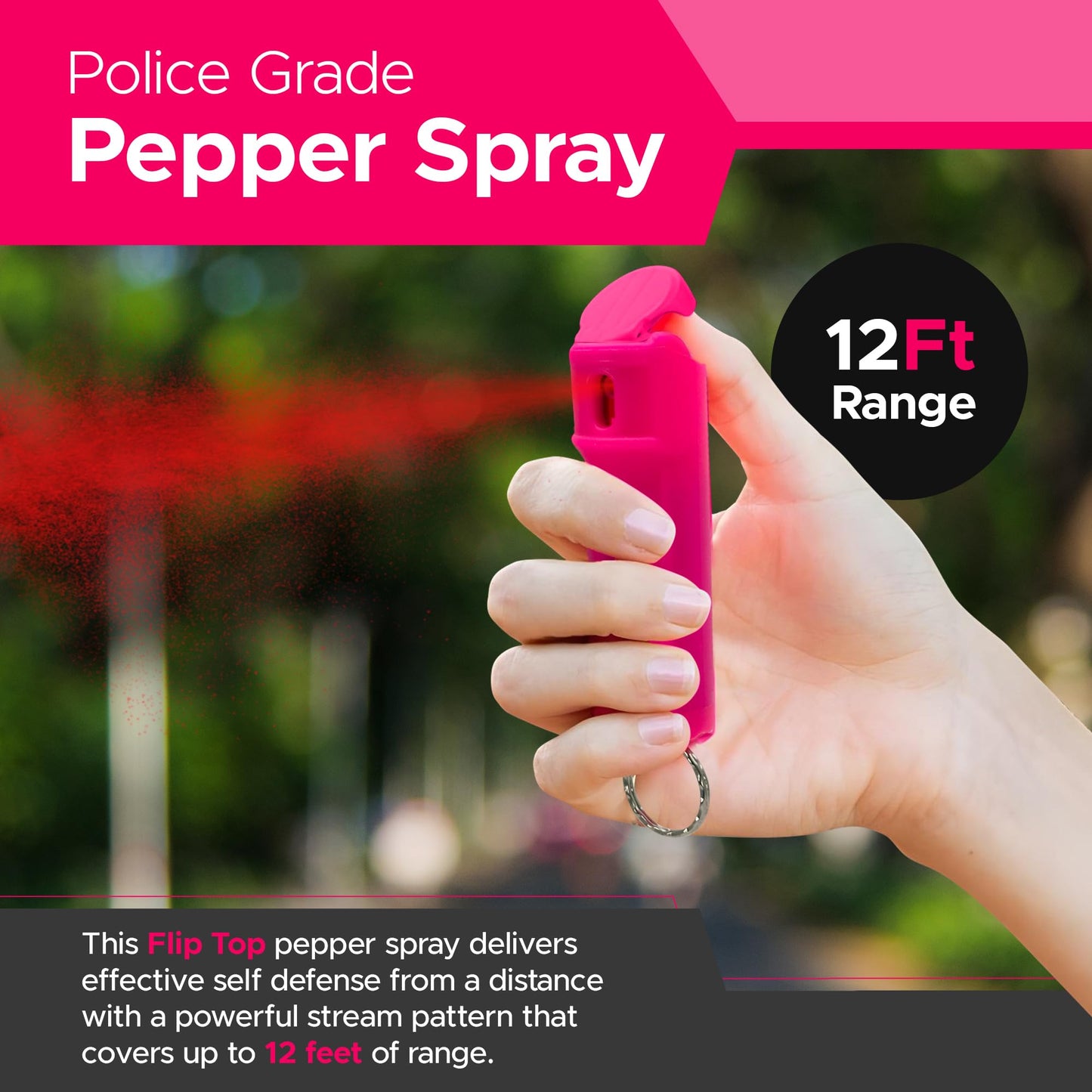 FURY Fliptop Hardshell Pepper Spray, 12ft Range, UV Dye Identifier, Police Strength, Made in USA, Stylish Multicolor, Self Defense, Safety Gear, Quick Access Flip Top (Pink)