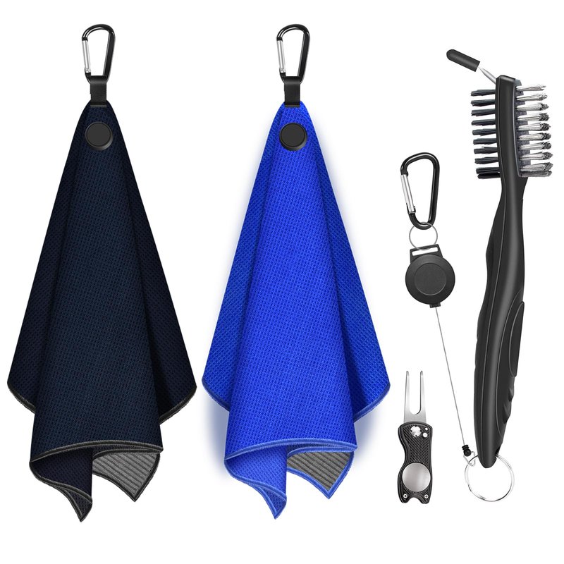 Lousrnman Magnetic Golf Towel, 2 PCS Microfiber Golf Towels with Wire Cleaning Cloth for Men, Industrial Strength Magnet Accessories for Strong Hold to Golf Bags, Carts or Clubs (Black Blue)