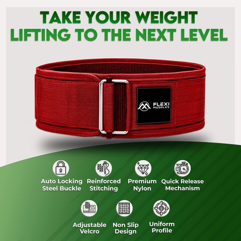 Flexi Muscles Quick Lock Weightlifting Belt - Adjustable Back Support with Metal Buckle - Ideal for Powerlifting, Cross Training, and Olympic Lifting - Durable Lifting Belt for Men & Women (Red, L)