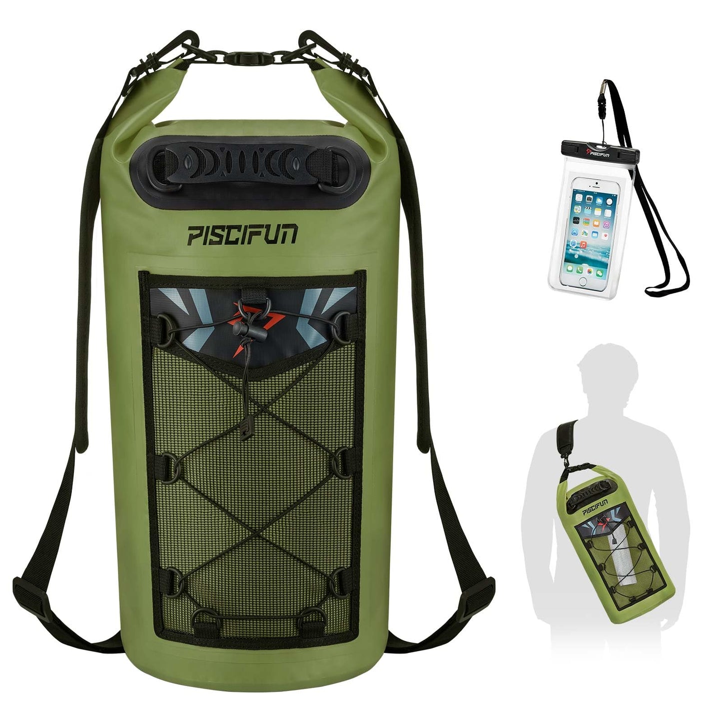 Piscifun Dry Bag, Waterproof Floating Backpack 20L with Waterproof Phone Case for Boating, Kayaking, Fishing, Army Green 20L